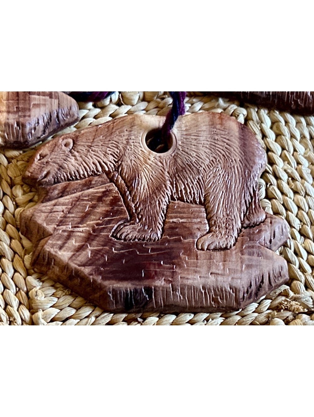 Hand Carved Set of 4Wooden Bear Ornament with Hanging String
